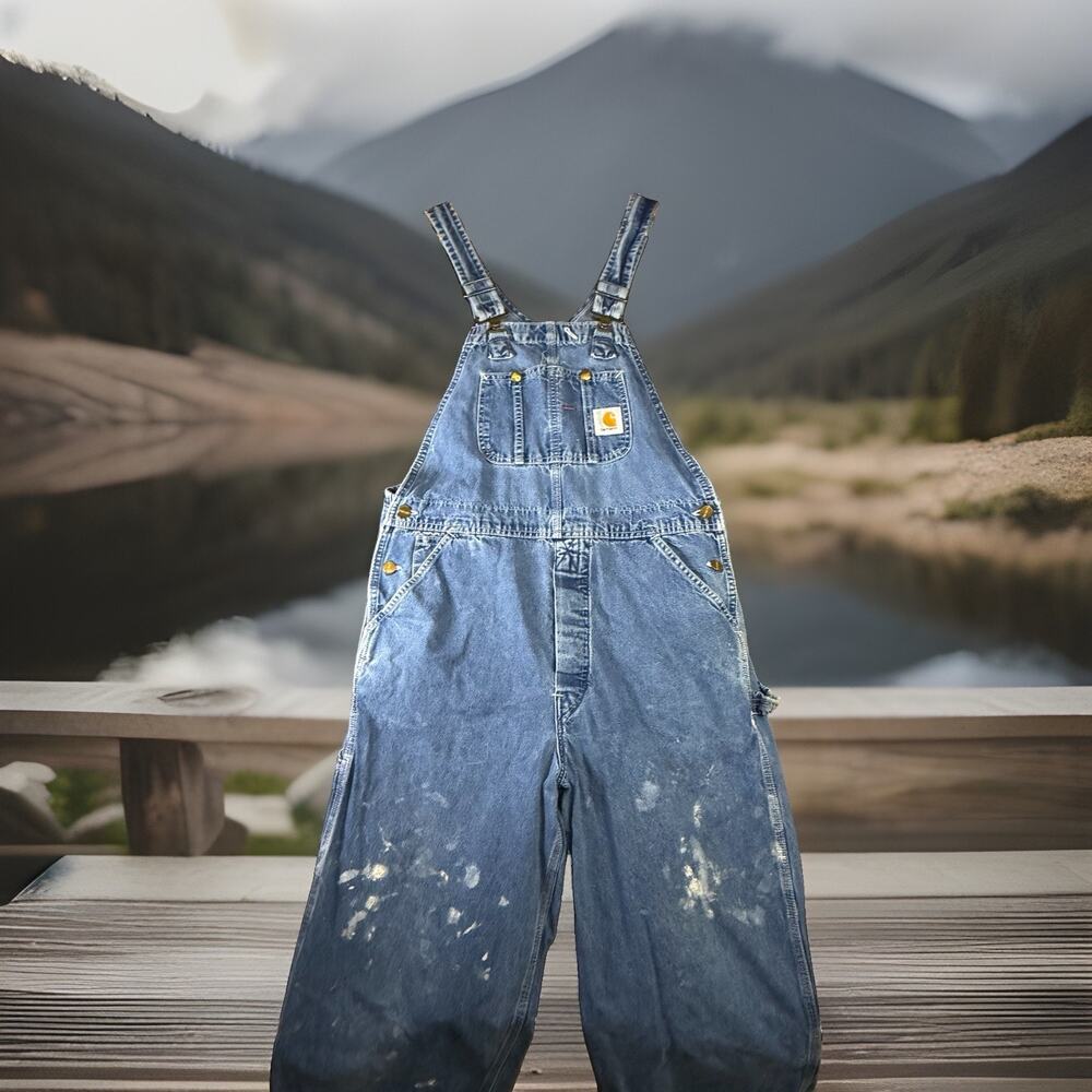 Carhartt Overalls Men’s 36x31 Blue Denim Distressed Paint Workwear Carpenter